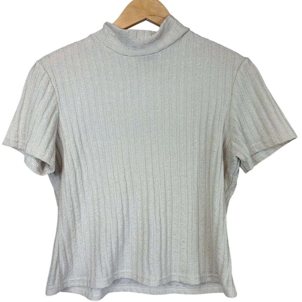 Tiramisu Cream Short Sleeve Ribbed High Neck Mock Neck Top Size L